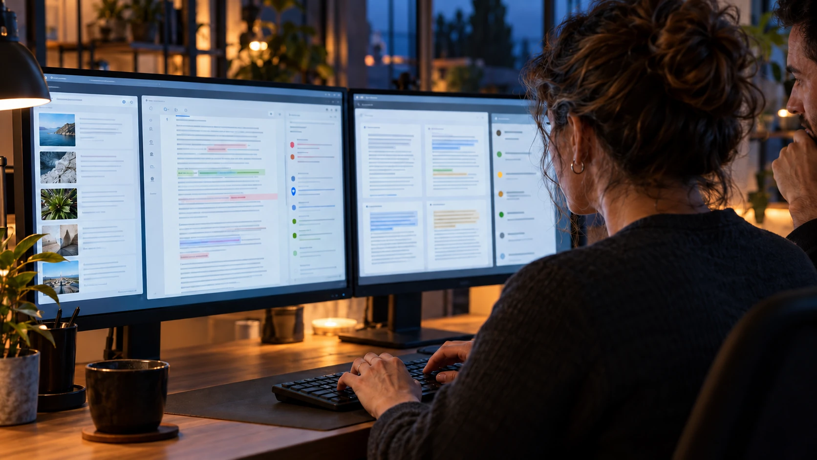 Editors reviewing digital copy revisions, source material and content approvals across two screens.