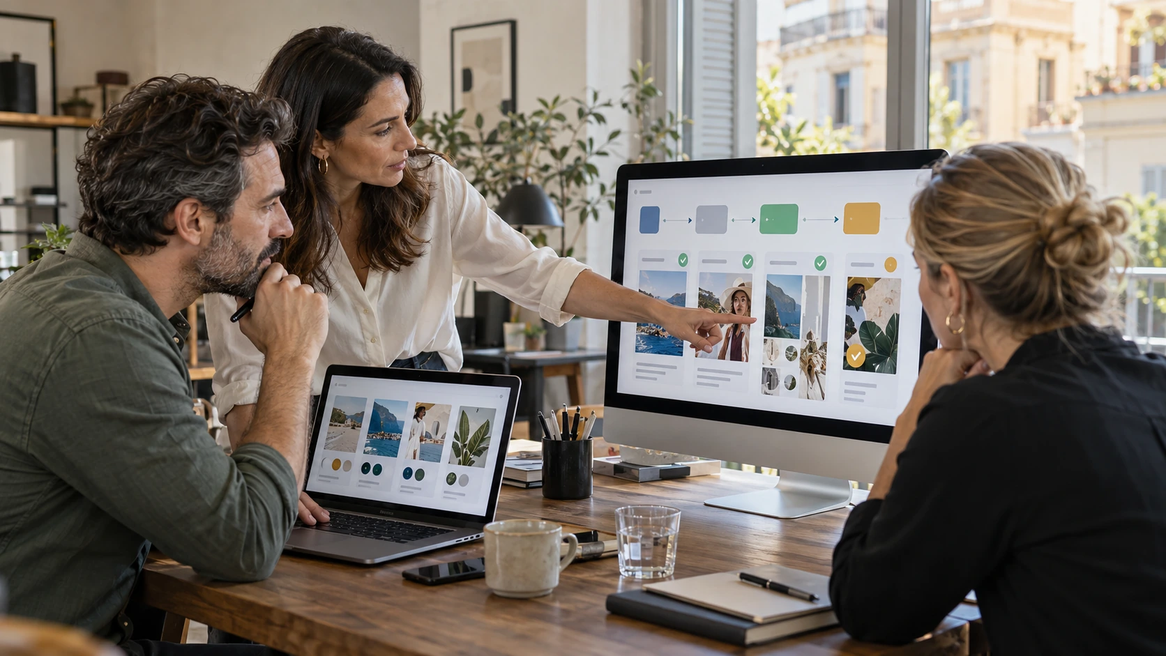 Marketing professionals reviewing campaign drafts, workflow stages and approval decisions on digital screens.