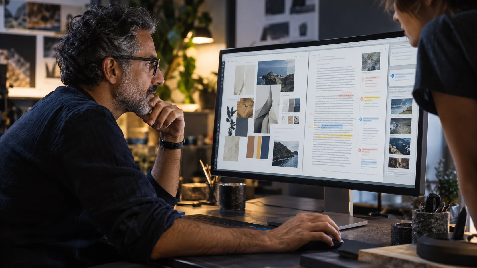 An experienced copywriter and colleague reviewing brand language, long form copy and editing annotations on screen.