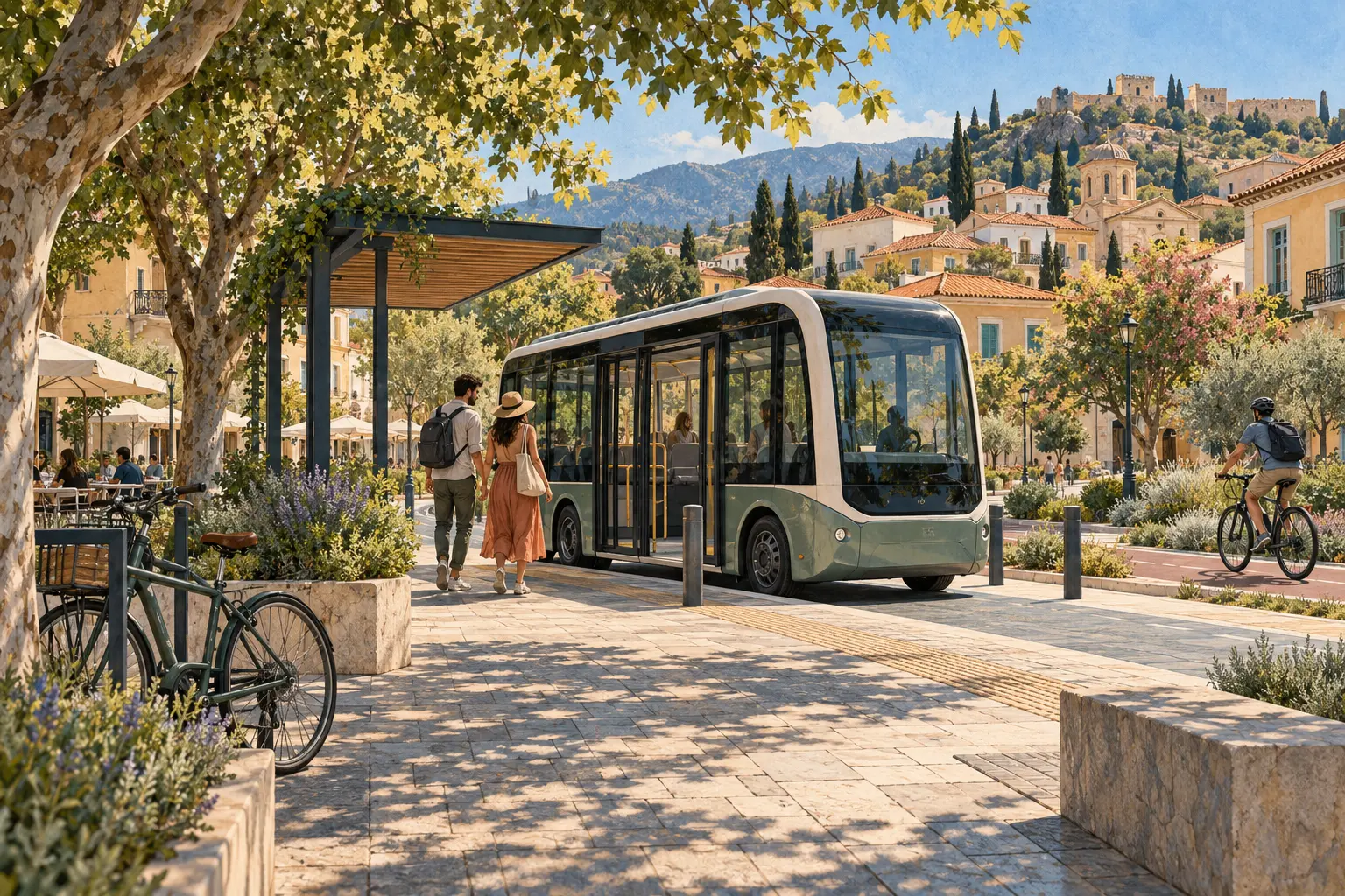 Concept illustration of a city shuttle, cycling and visitor access.