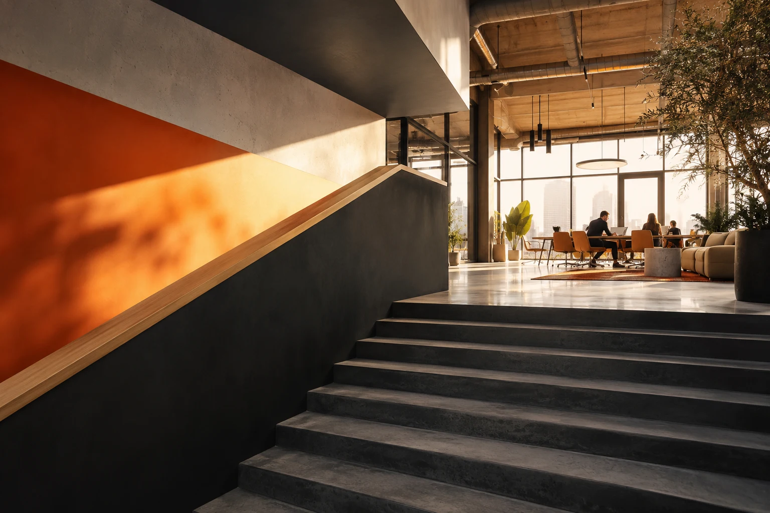 Architectural staircase leading towards a bright contemporary workplace.