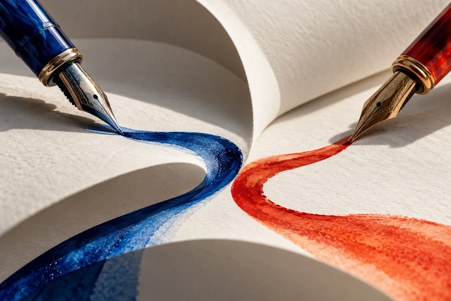 Two fountain pens and contrasting ink strokes over folded paper.