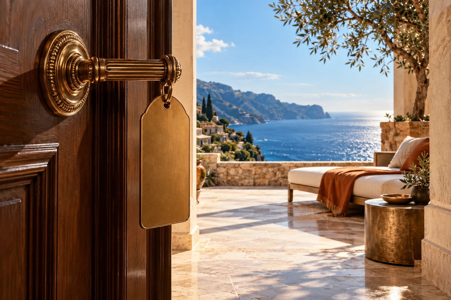 Brass hotel door handle opening towards a Mediterranean sea terrace.
