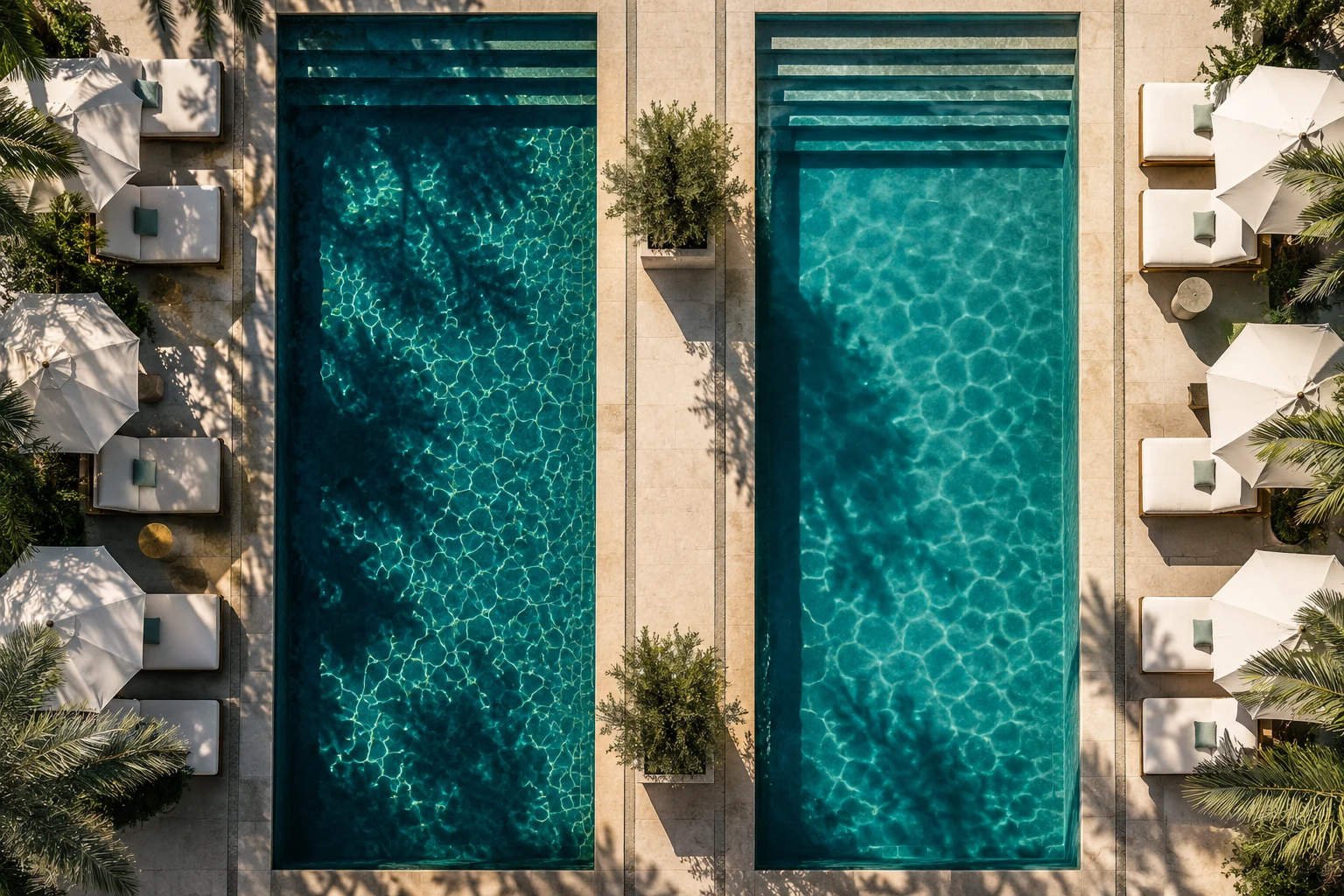 Two parallel hotel swimming pools with contrasting light and shade.