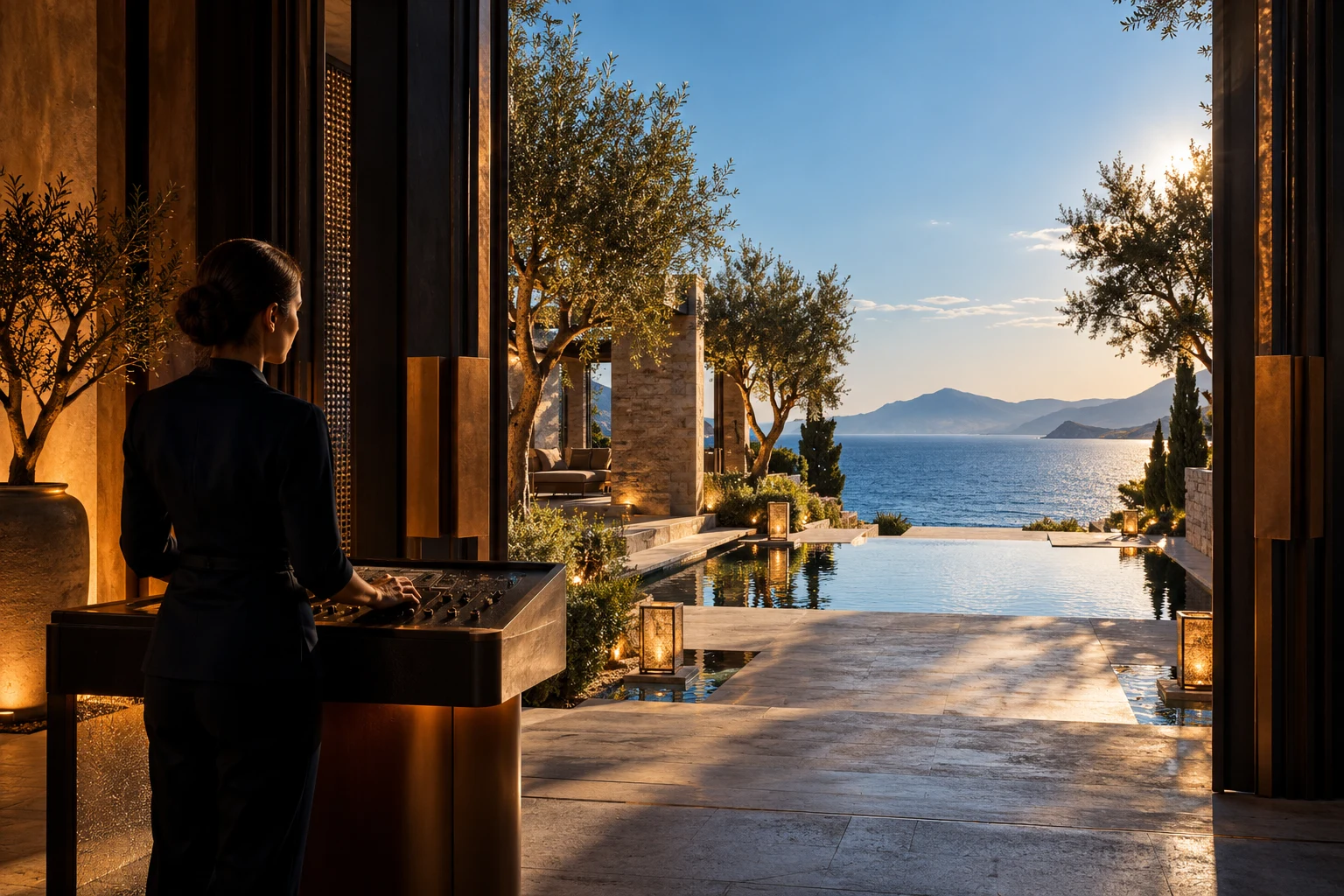 Hotel entrance framed by architecture, with a professional at a lighting console.