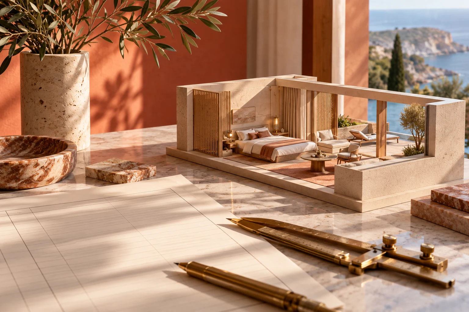 Hotel architectural model with precision measuring tools on a ledger.