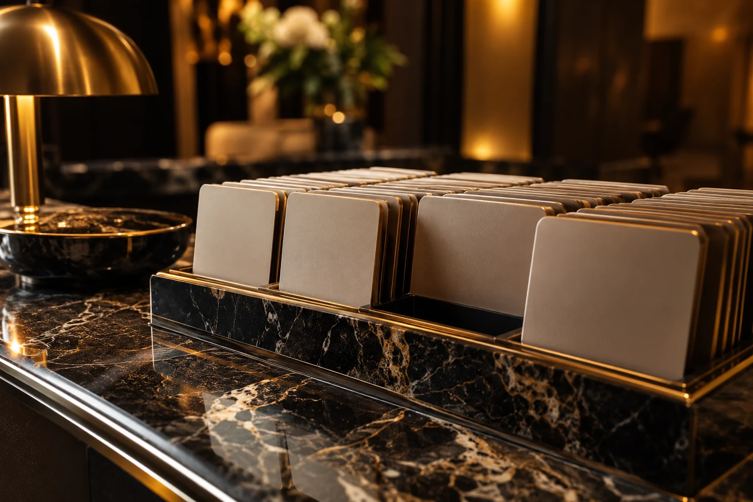 Room key cards arranged on a hotel reception desk, with a deliberate gap.