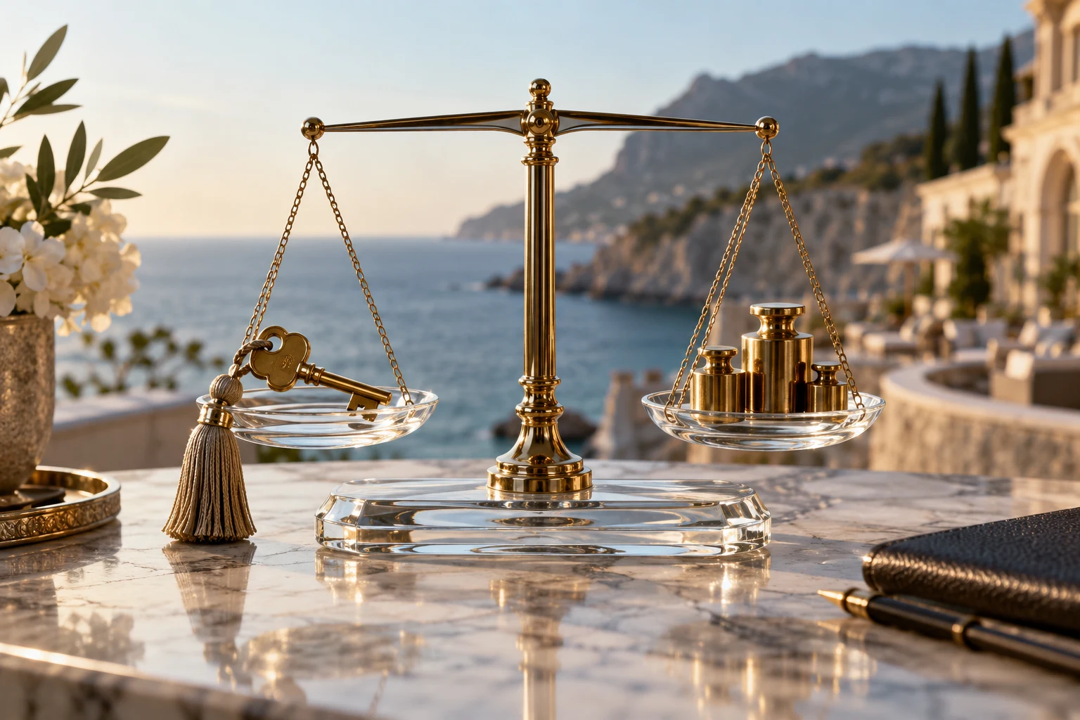 Brass hotel key balanced against weights on a glass scale.