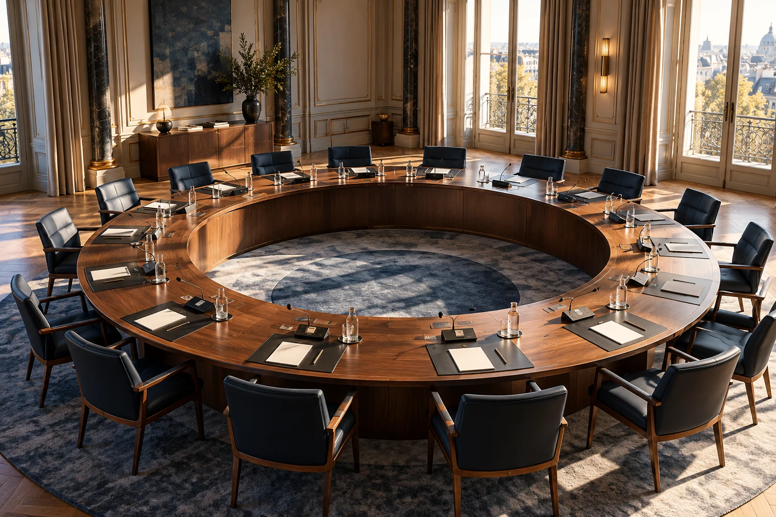 Circular conference table prepared with microphones and notebooks.
