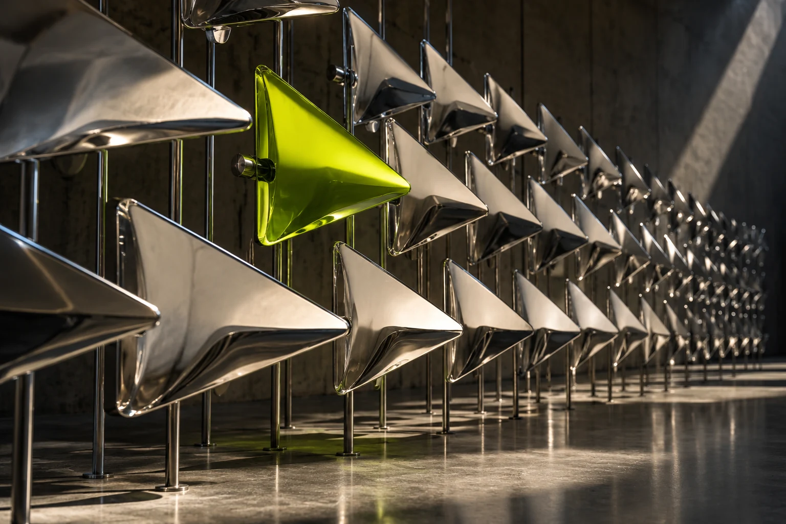 Polished directional vanes aligned around one lime coloured element.