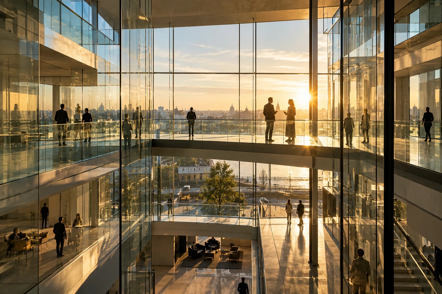 Sunlight through transparent partitions in a contemporary institutional chamber.