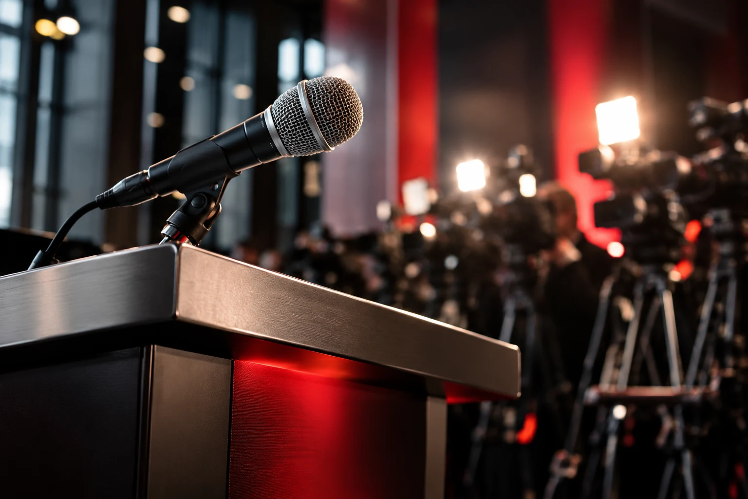 Broadcast microphone at a sleek press podium.