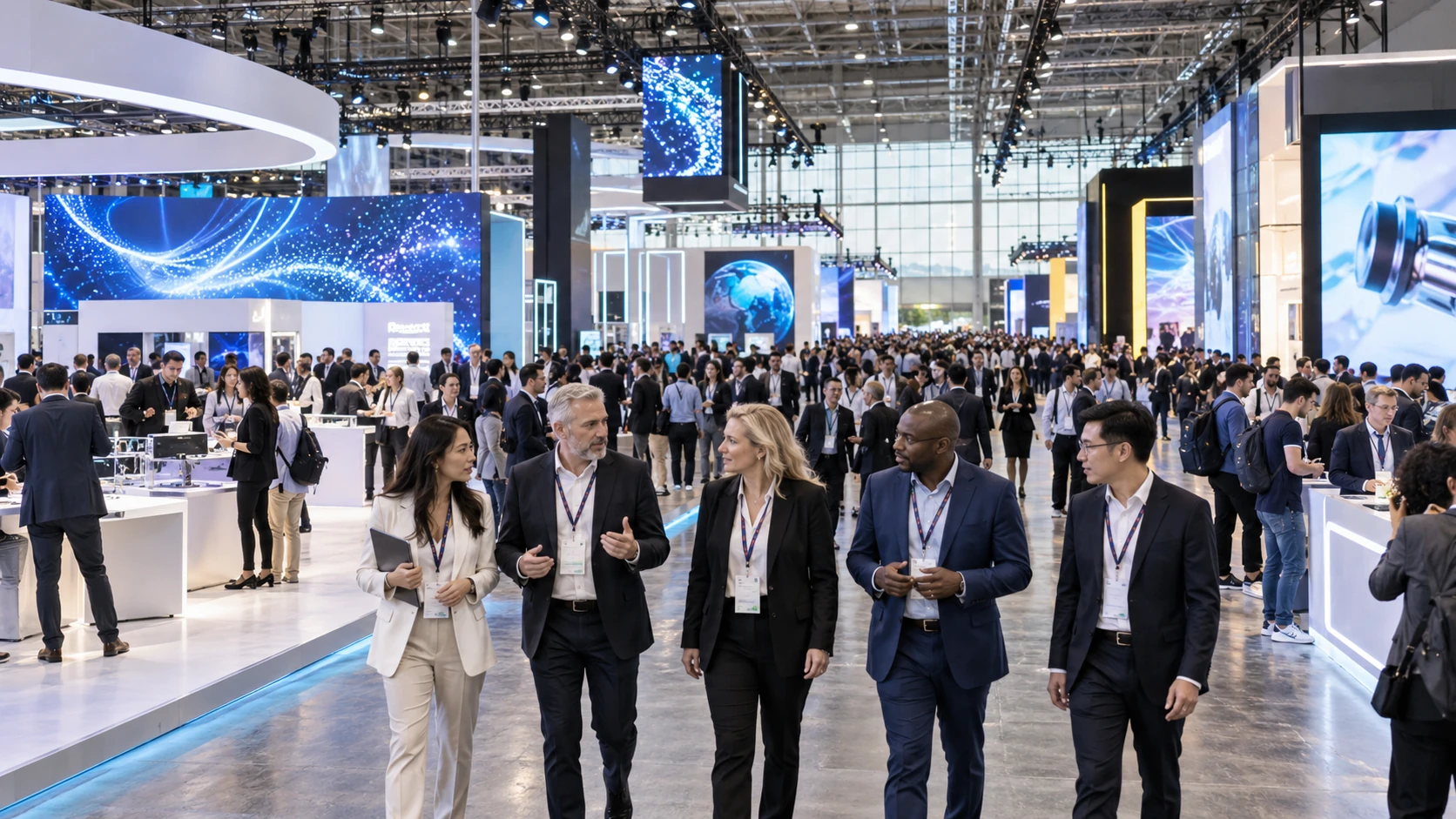 Conceptual international technology exhibition with busy stands, visitors and a business delegation.