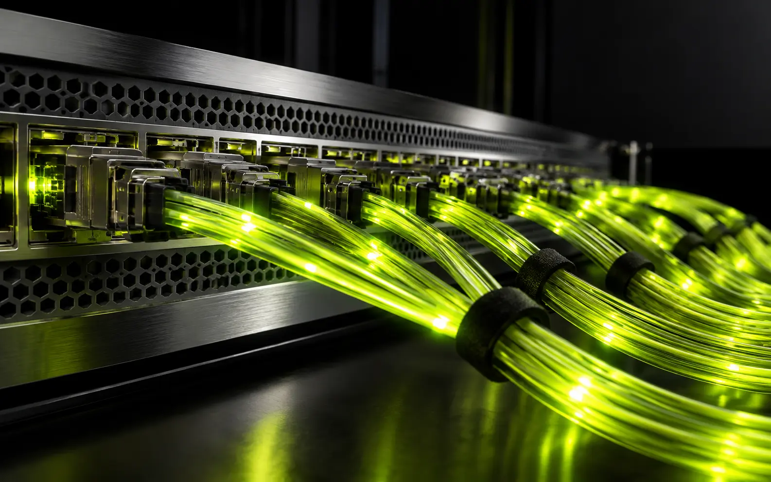 Conceptual network technology artwork with unbranded ports and glowing lime fiber cables.