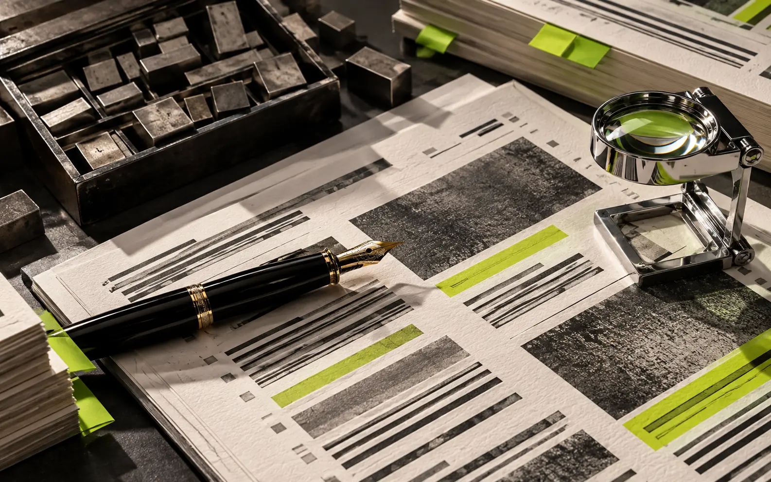 Editorial proof sheets, fountain pen and precision metal type.