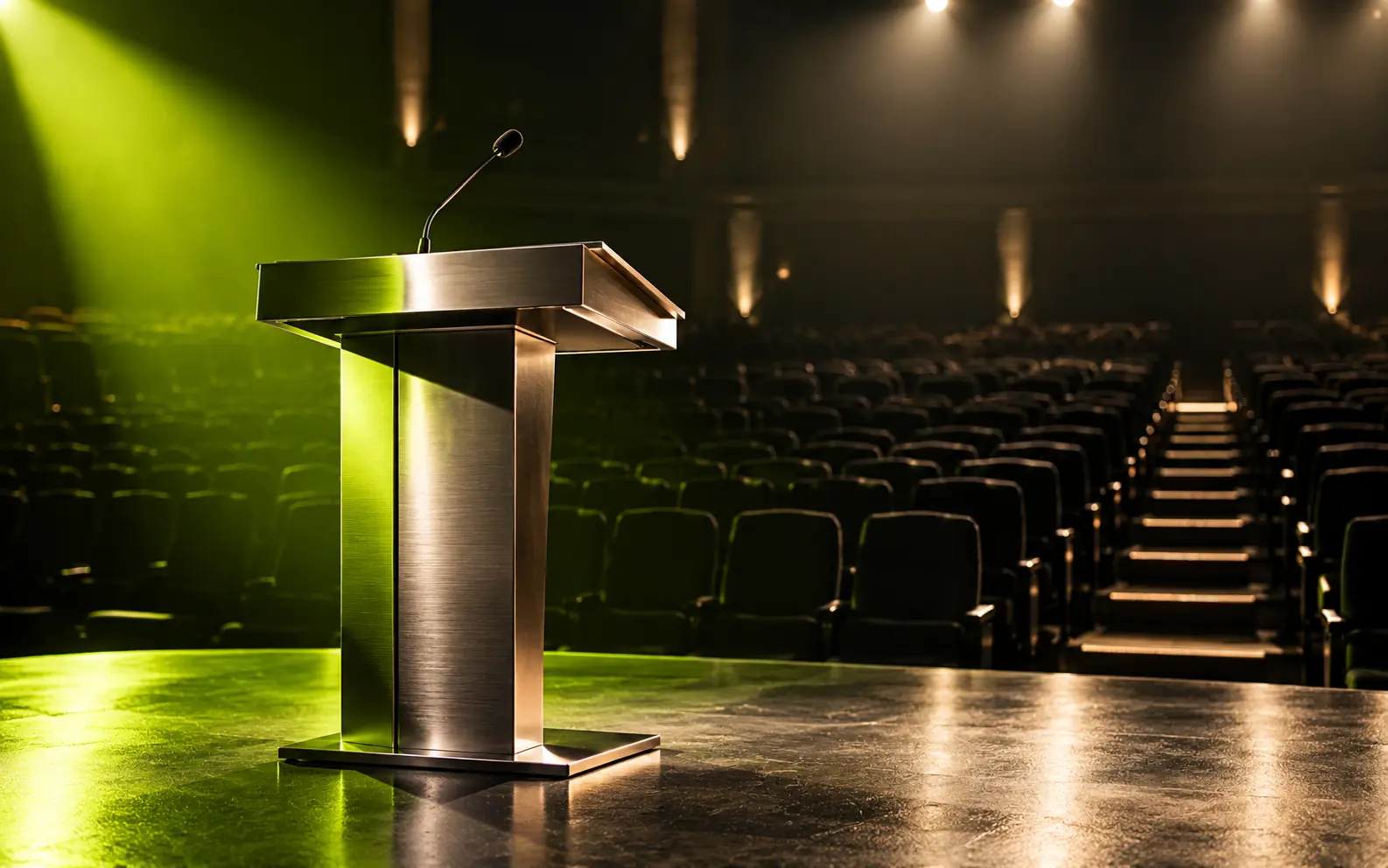 Conceptual image of an empty lectern under stage lighting, facing auditorium seating.