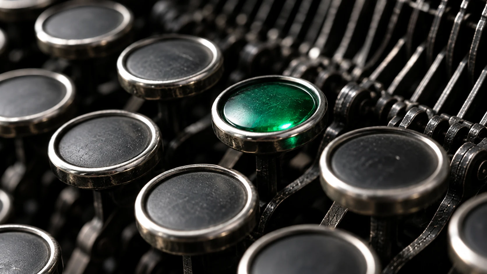Close up of a typewriter with one striking green key.