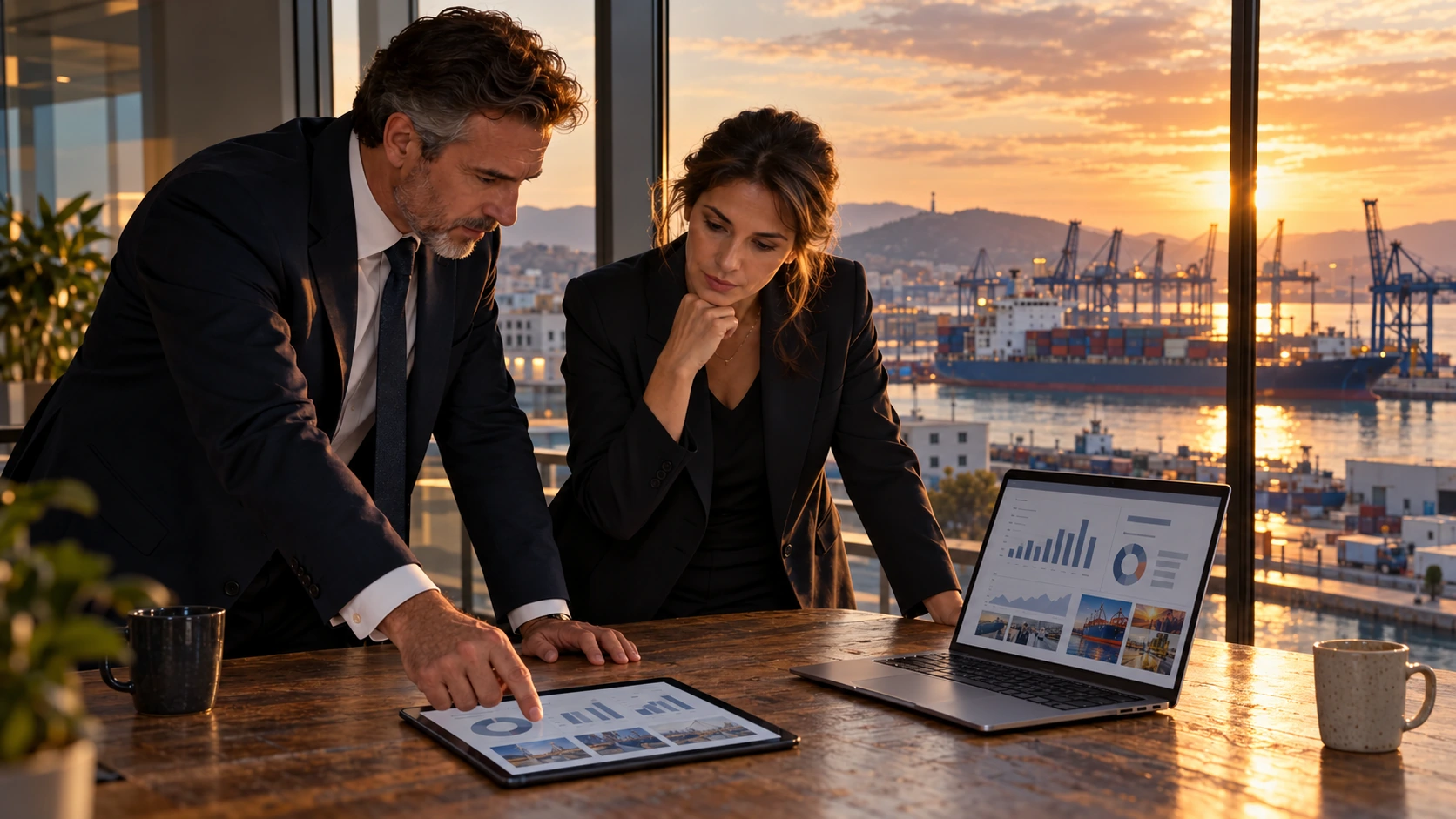 Senior professionals reviewing digital market research with a working port in the background.