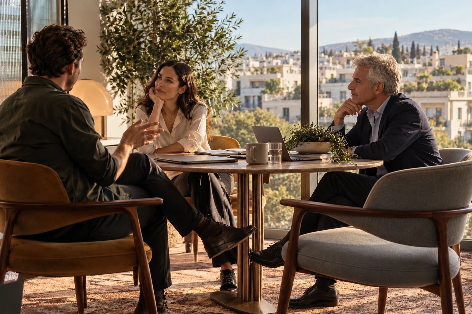 Three professionals, including a senior colleague, discussing a brief in a modern Athens meeting space.