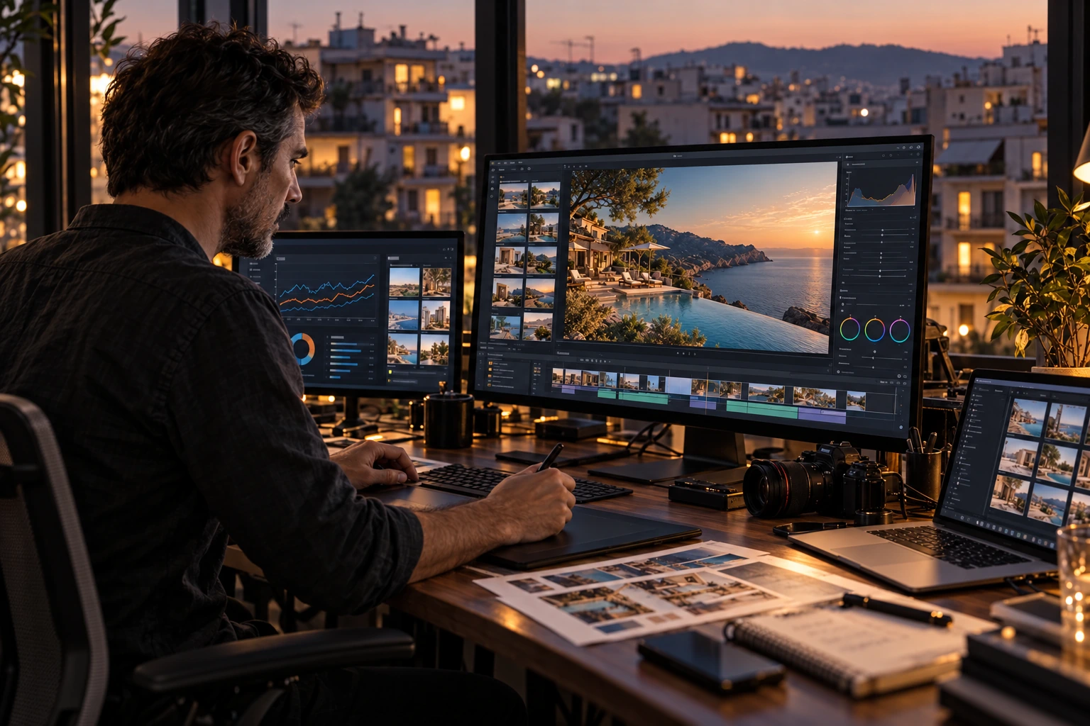 A digital specialist working across editing, website and campaign analysis screens in an Athens studio.