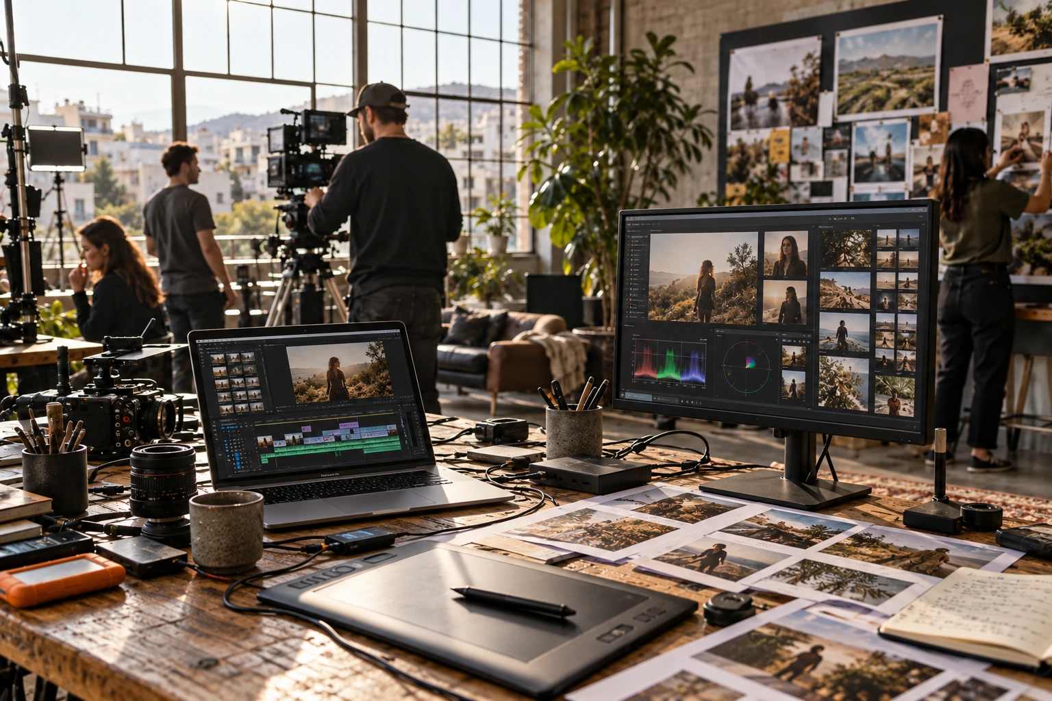 Digital production workstations and a camera crew in a contemporary Athens studio.