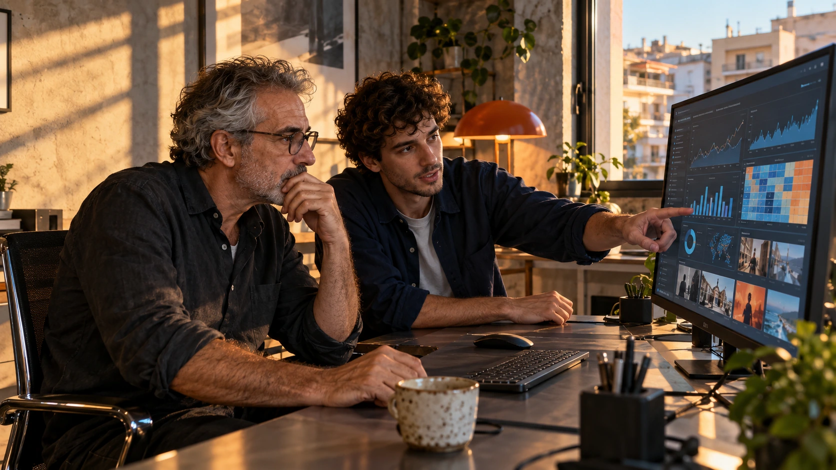 Strategists interpreting digital media patterns in a contemporary Athens workspace.