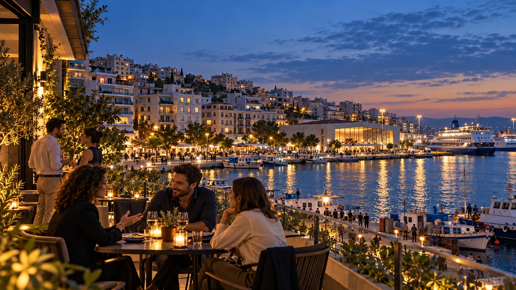 Professionals talking on a contemporary terrace overlooking a low rise Mediterranean working waterfront.
