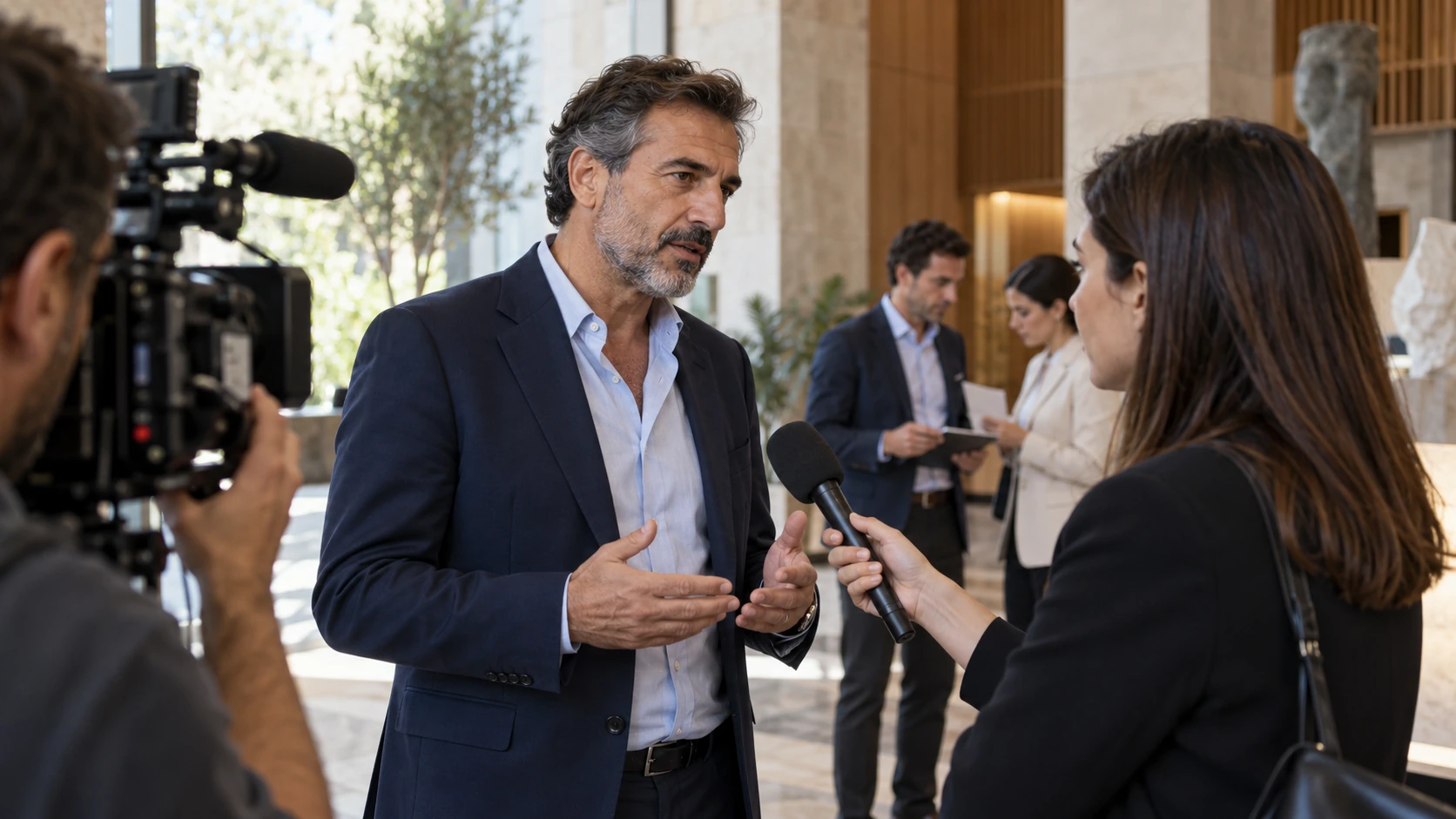 A senior spokesperson speaking with a journalist while a camera records the interview.