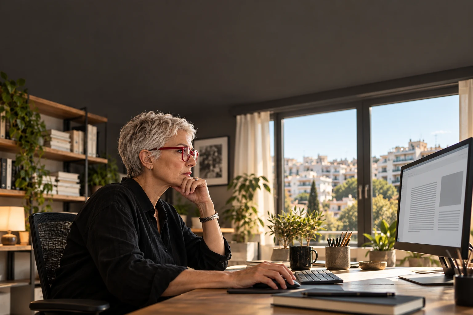 An experienced editor carefully reviewing an article draft on a desktop screen.