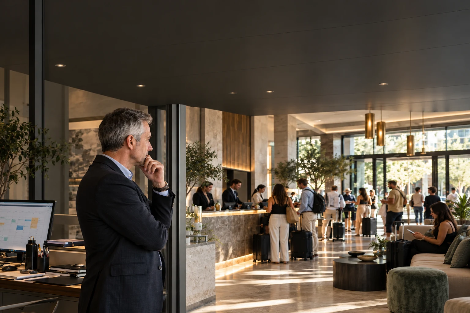 A hotel manager considering the business behind a busy reception and arriving guests.
