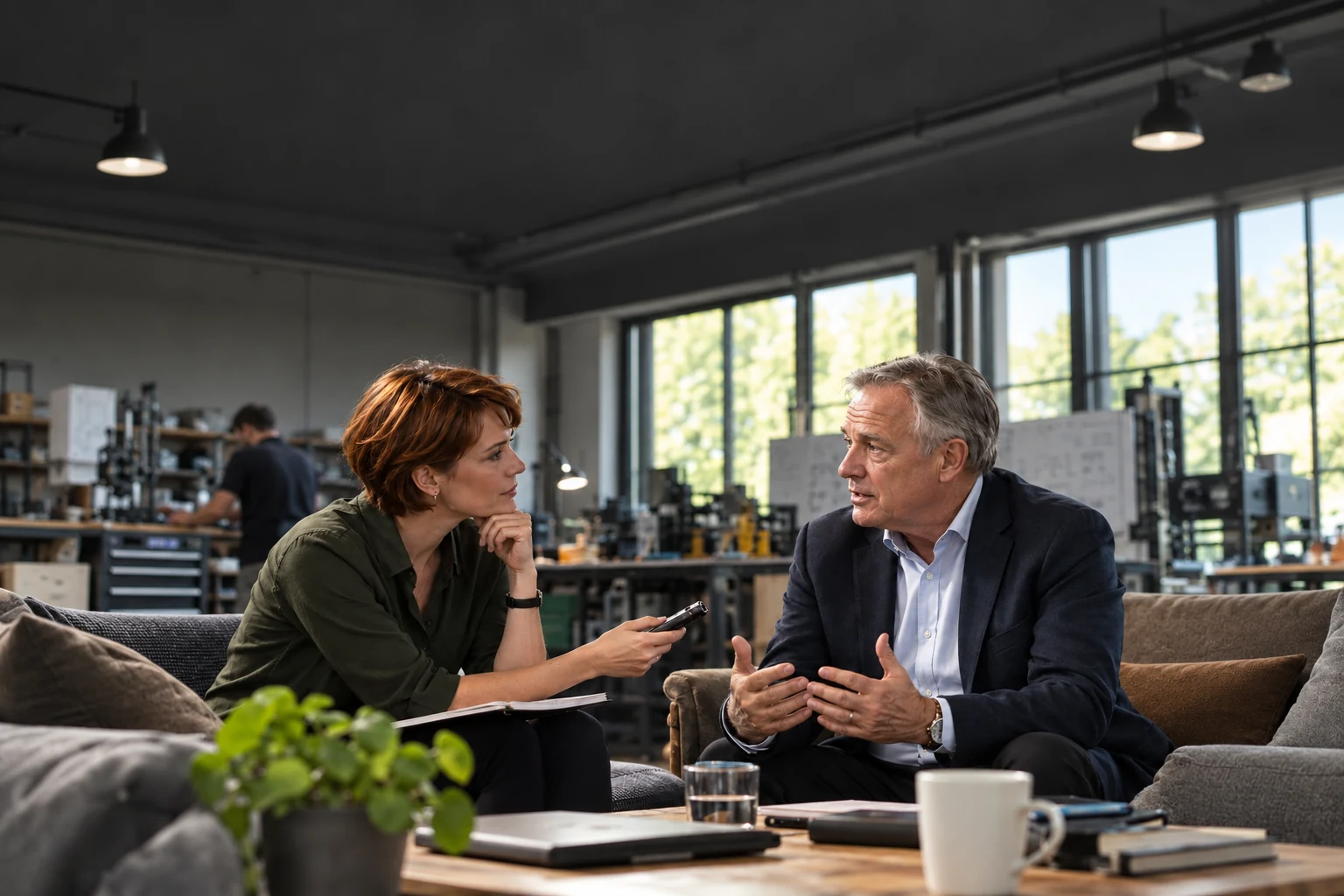 A journalist listening closely to an experienced executive during an interview.