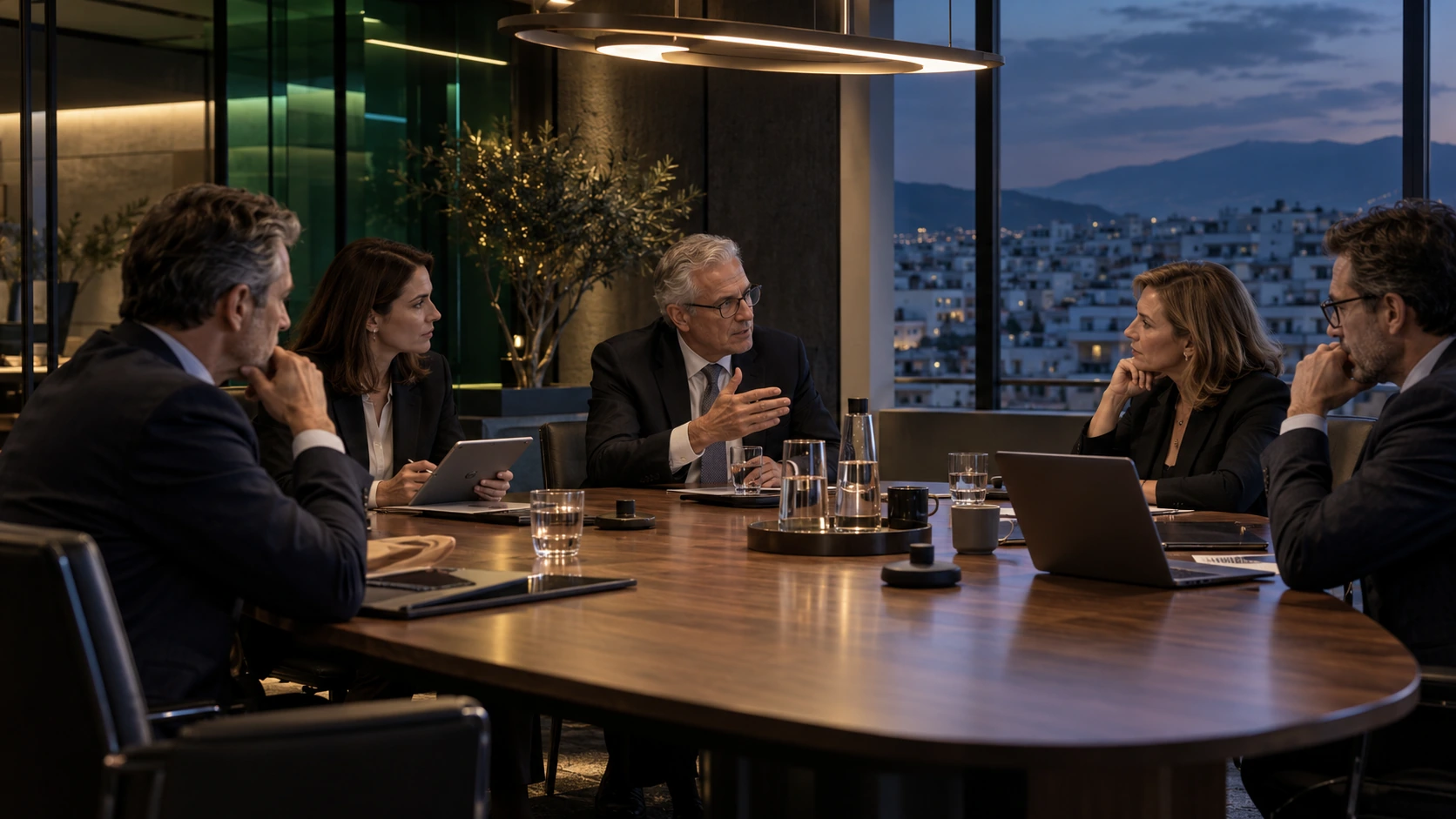Conceptual senior level institutional discussion in a contemporary Athens meeting room.