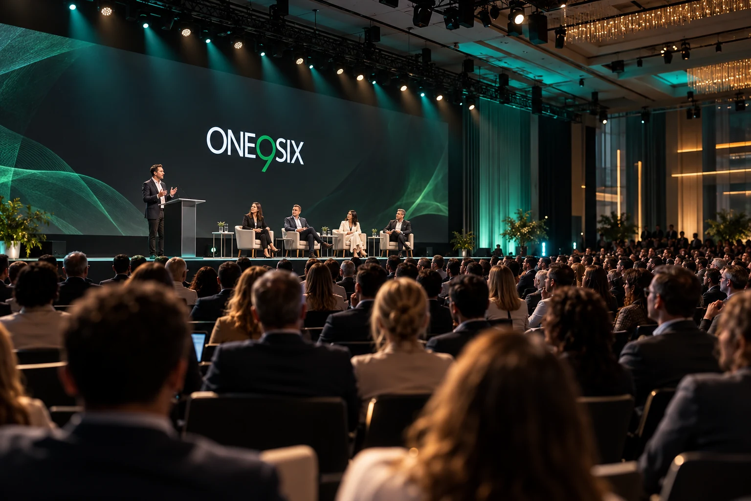 Conceptual One9Six conference scene with an audience and a contemporary stage.