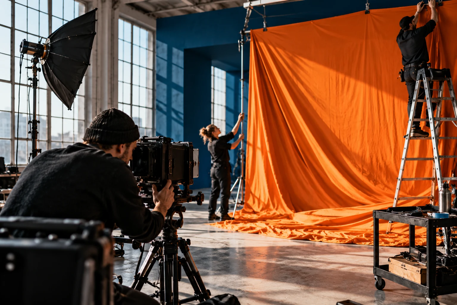 Crew preparing a bold physical set for a commercial production.
