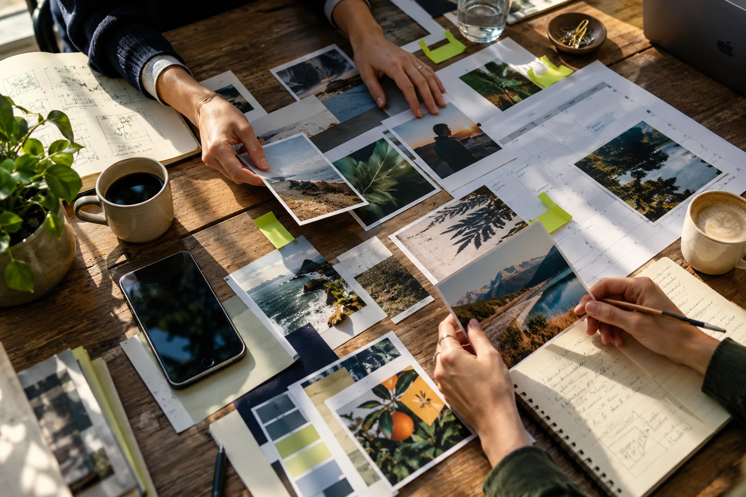 Hands arranging photographic creative and a media calendar for a campaign.