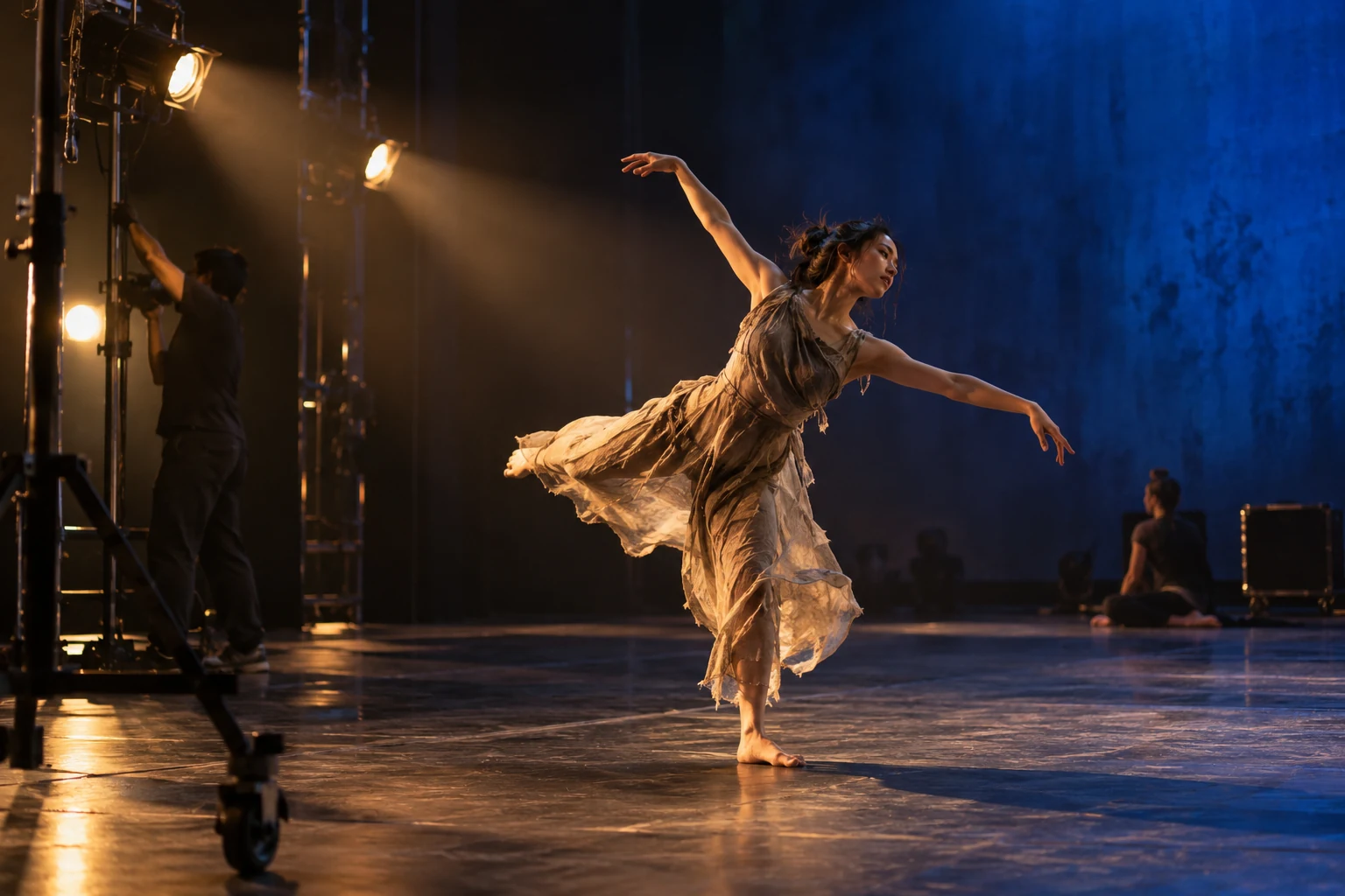 A dancer rehearses as a theatre crew prepares the stage lighting.