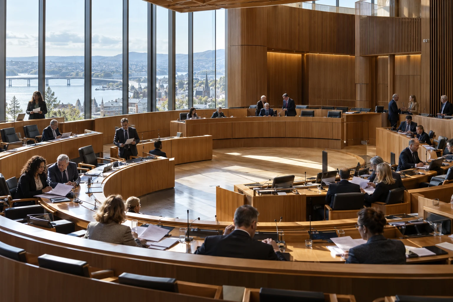 Delegates preparing for discussion in a contemporary council chamber.