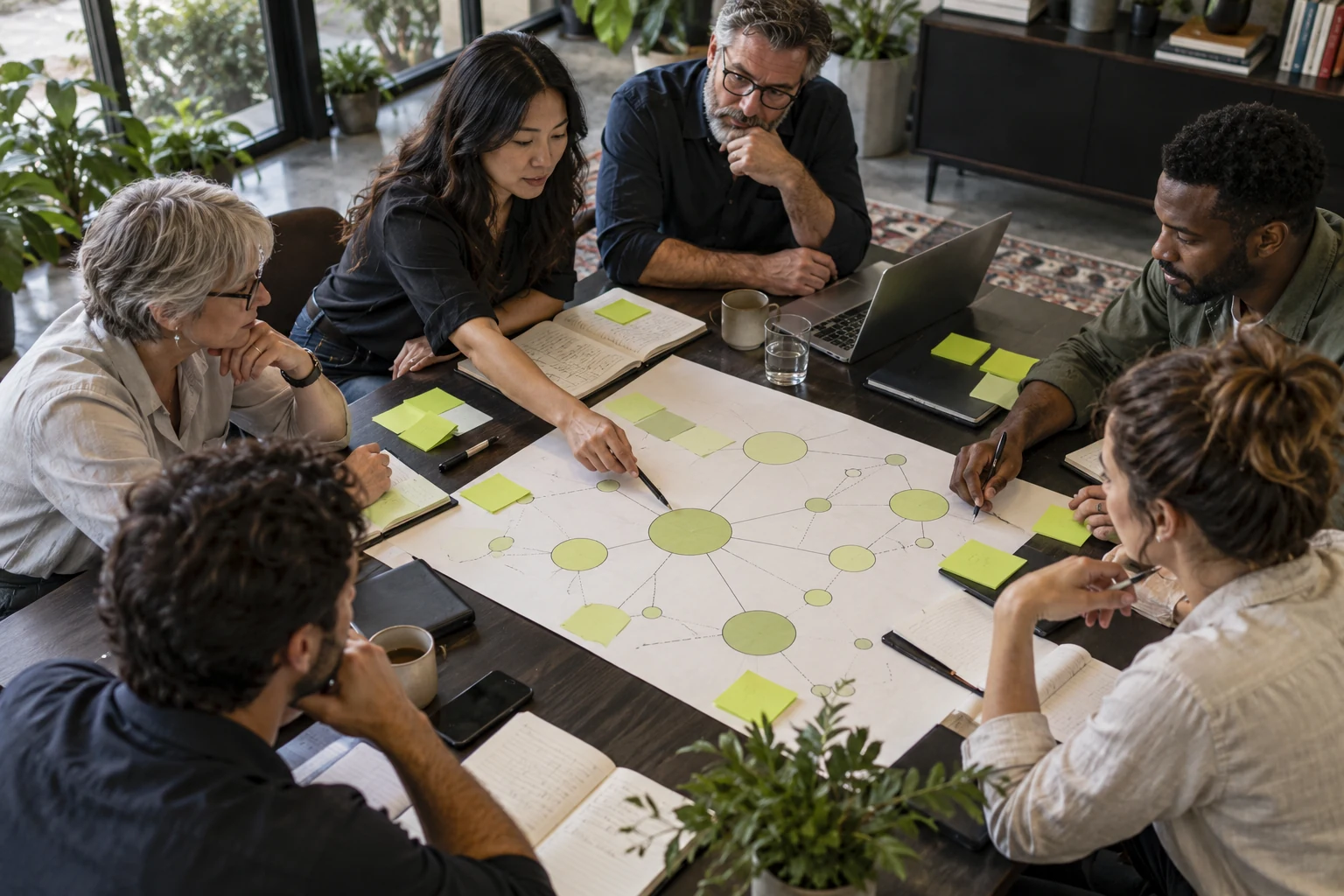 Participants reviewing a stakeholder map around a strategy table.