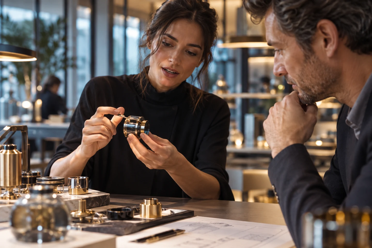 A specialist explains a precision device through a hands on demonstration.
