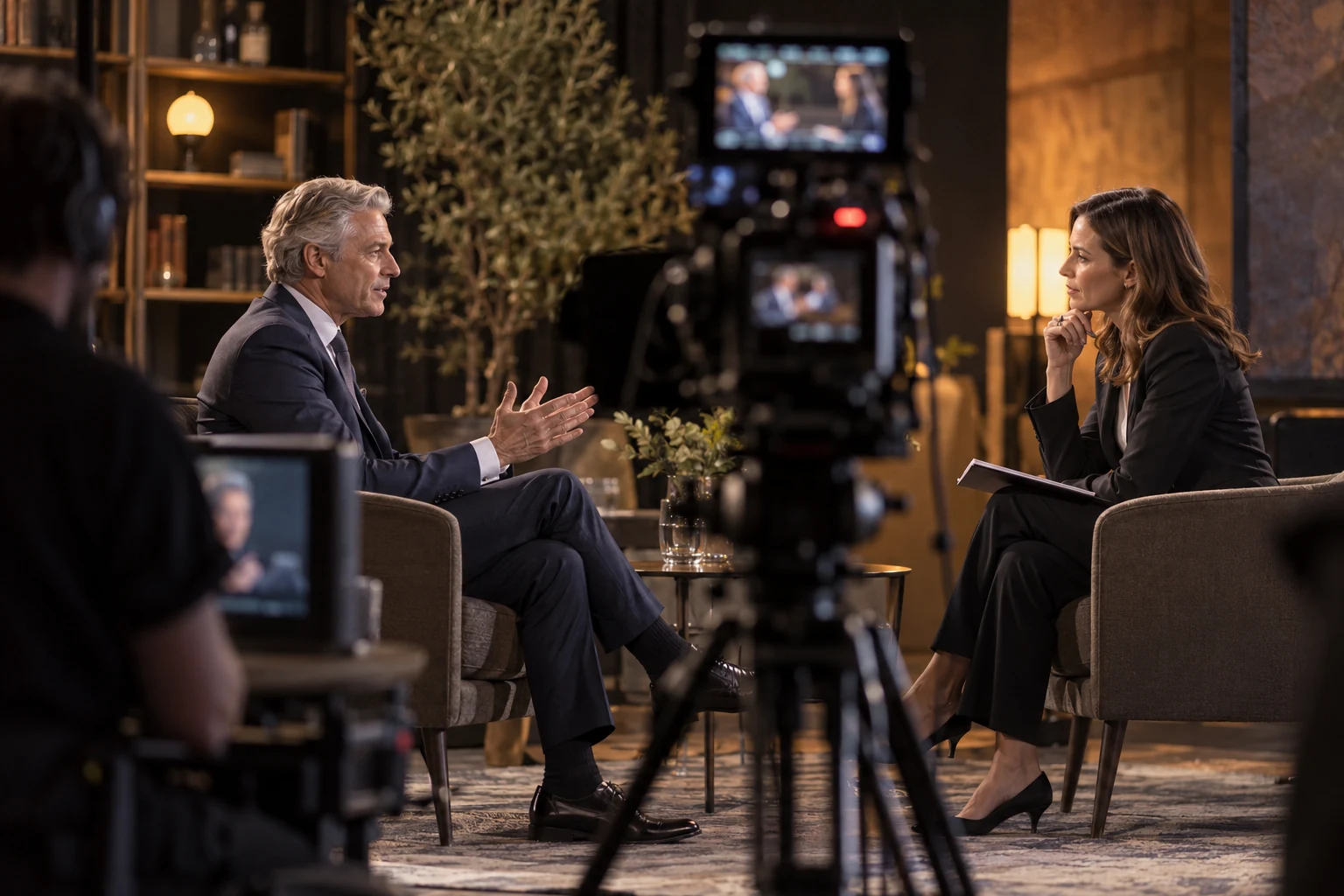 Behind the camera during a business broadcast interview.