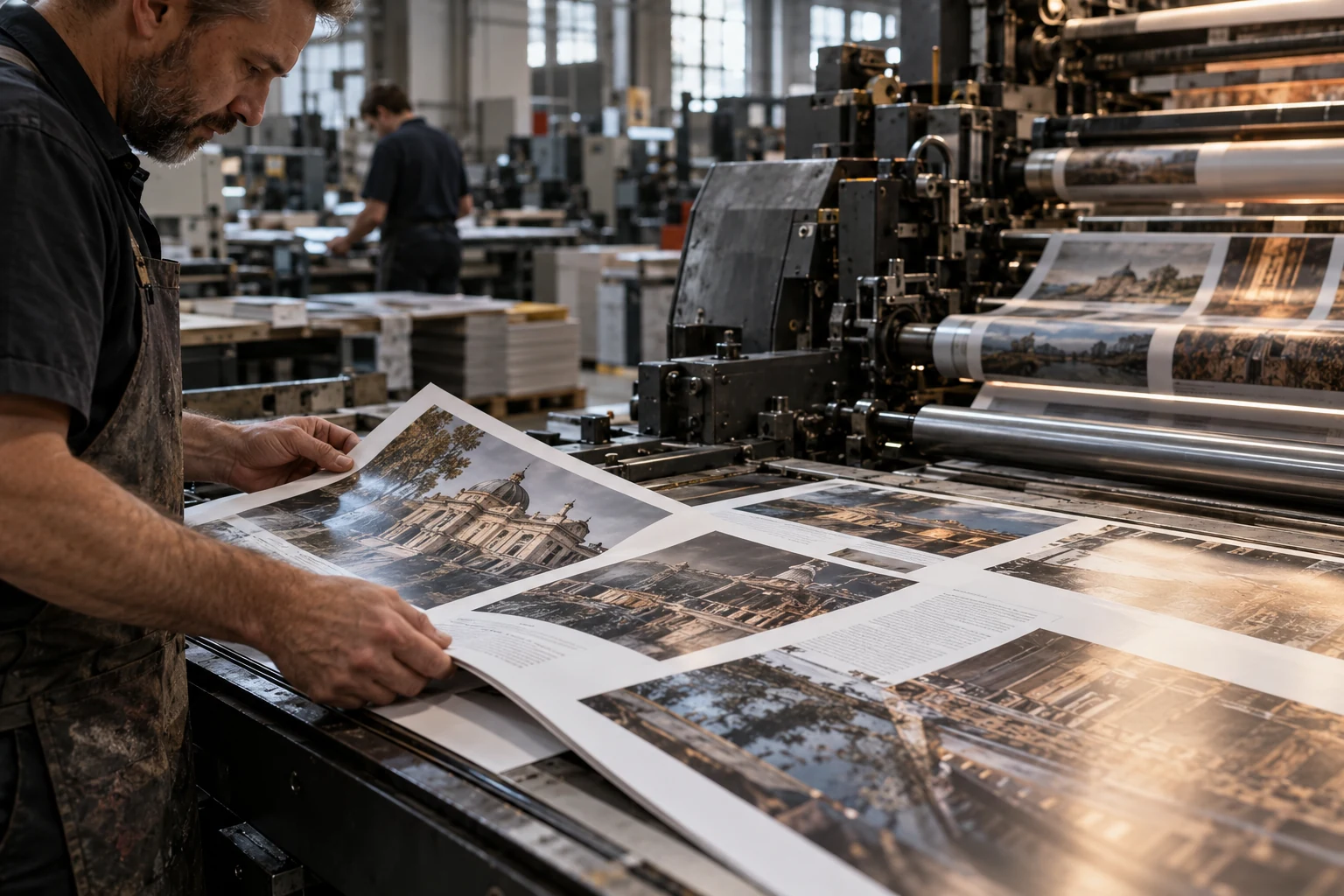 A print professional inspecting magazine sheets beside a printing press.