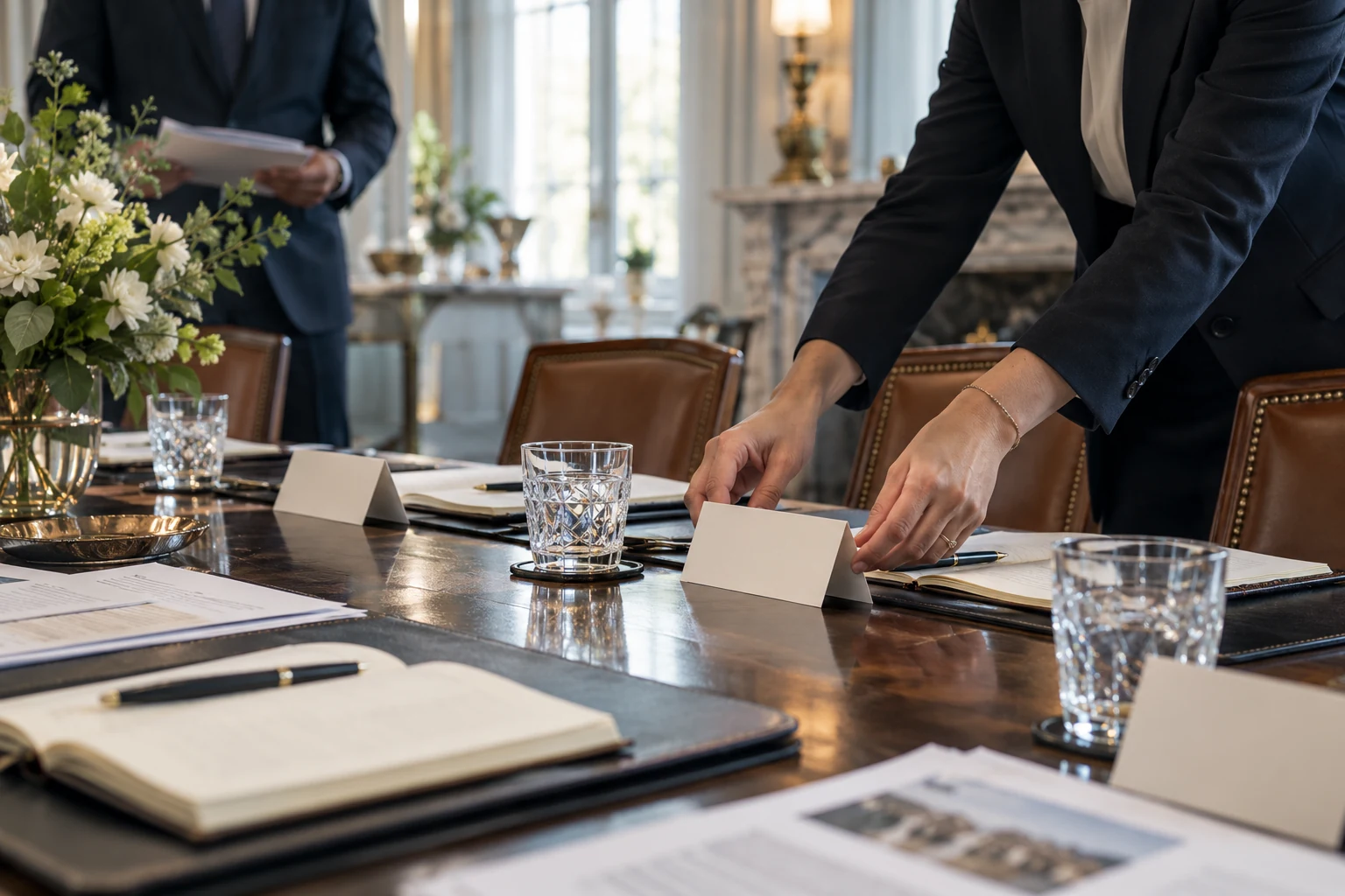 Meeting briefs and seating cards being prepared for an institutional discussion.