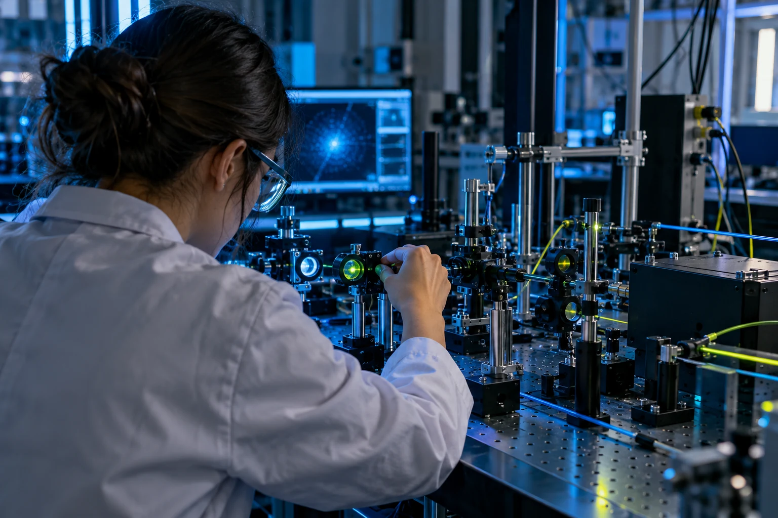 A scientist adjusting precision optical equipment in a photonics laboratory.