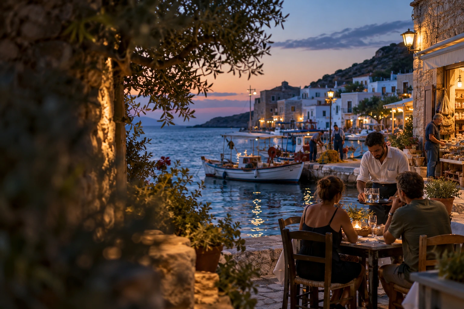 Hospitality, dining and local enterprise beside a Greek harbour.