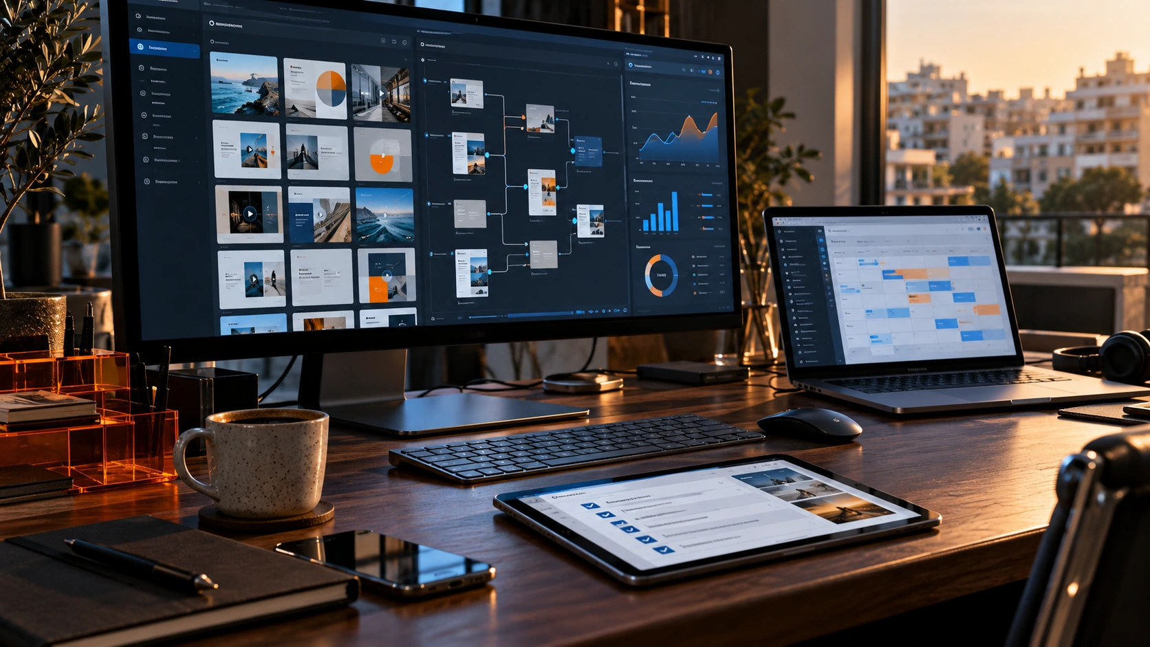Digital resource library, campaign workflow, planning calendar and checklist across a studio workstation.